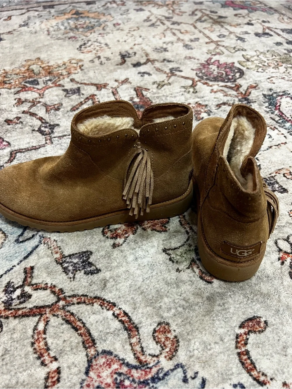 UGG Chestnut Suede Fringe Shearling Ankle Boots
